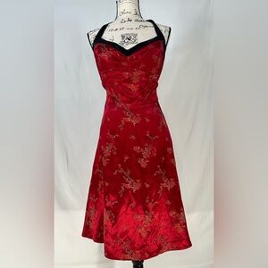 Vintage 90s Red Satin Asian Inspired Floral Dress Womens Size 14 USA Halter